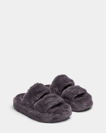 A pair of ZETA - 8224508 Grey womens faux fur slippers by Rudsak, featuring fuzzy dark gray open toes and two thick soft straps, shown on a plain light background.