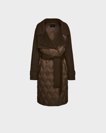 The Rudsak ZOE - 8124711 Mocha is a dark brown, knee-length womens trench coat with a wide collar, belted waist, and two zippered side pockets, shown on a plain light gray background.