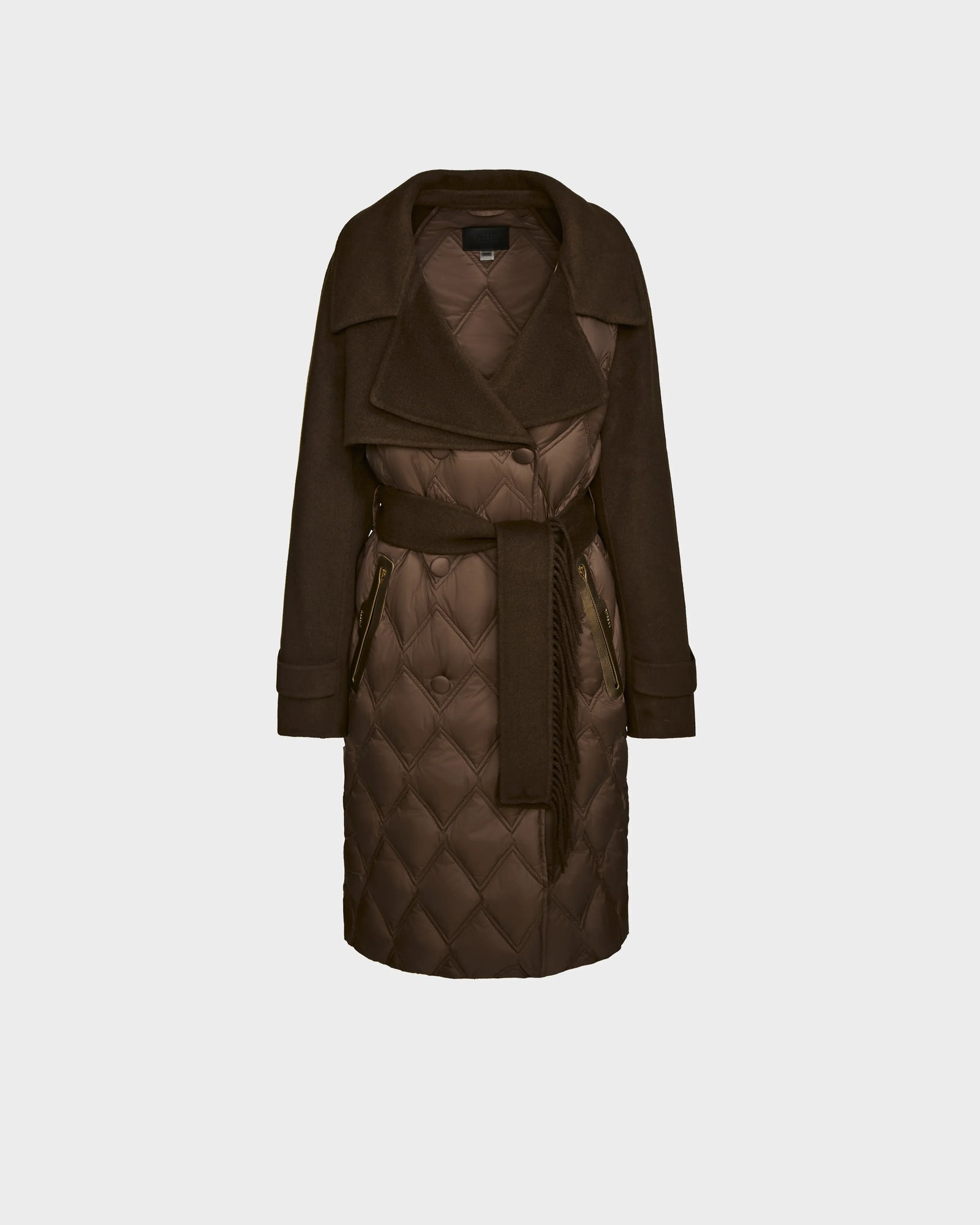 The Rudsak ZOE - 8124711 Mocha is a dark brown, knee-length womens trench coat with a wide collar, belted waist, and two zippered side pockets, shown on a plain light gray background.