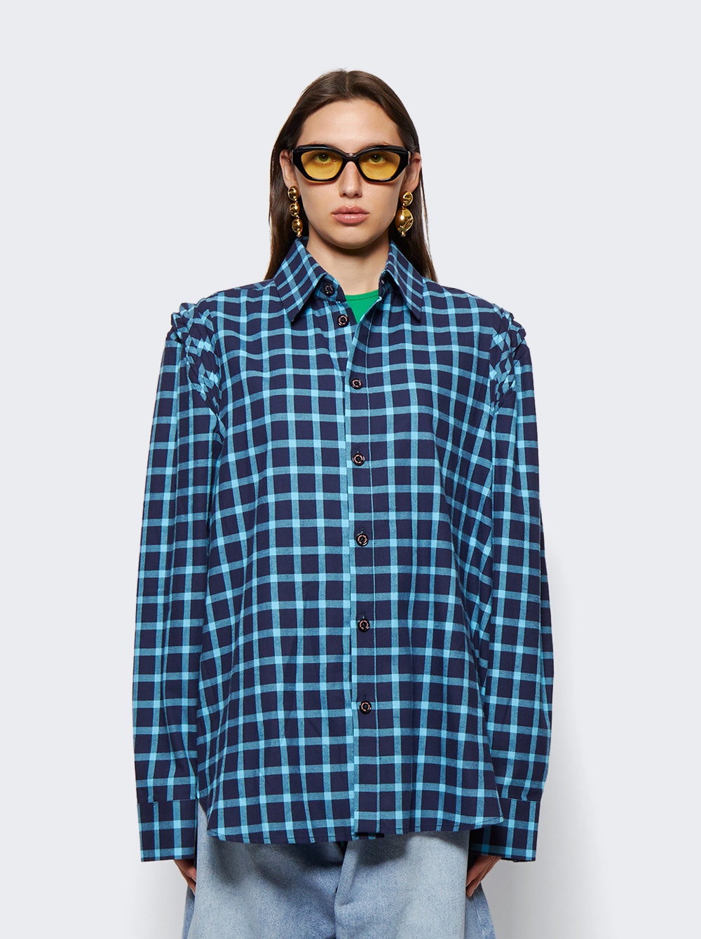 Women | Natasha Zinko | Pleated Check Cotton Shirt | Blue