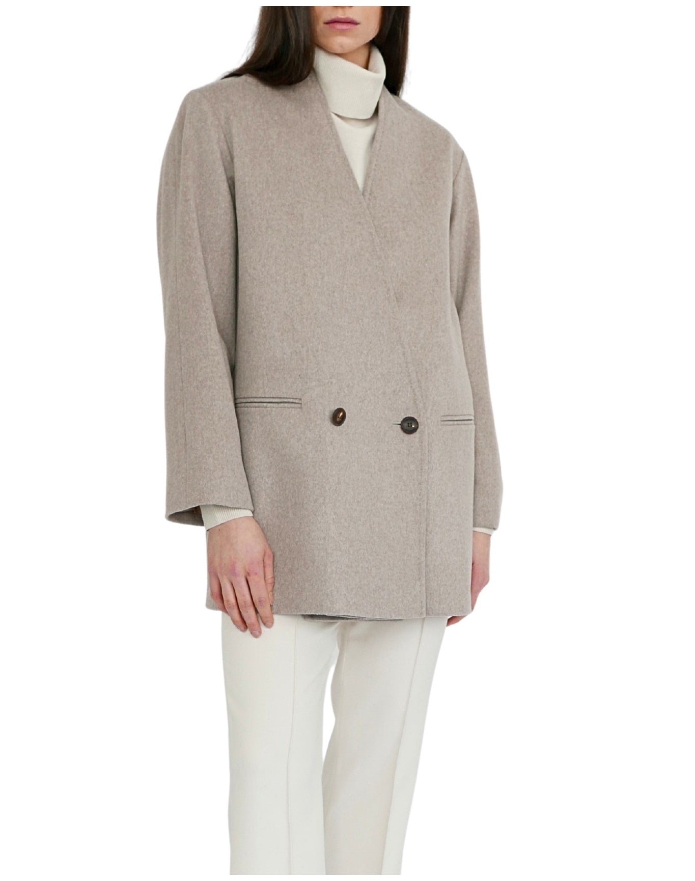 Fleurette | Women | Collarless V-Neck Coat Featured In Italian 100% Wool | Beach