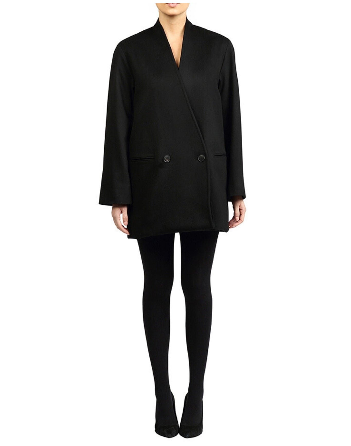 Fleurette | Women | Collarless V-Neck Coat Featured In Italian 100% Wool | Black