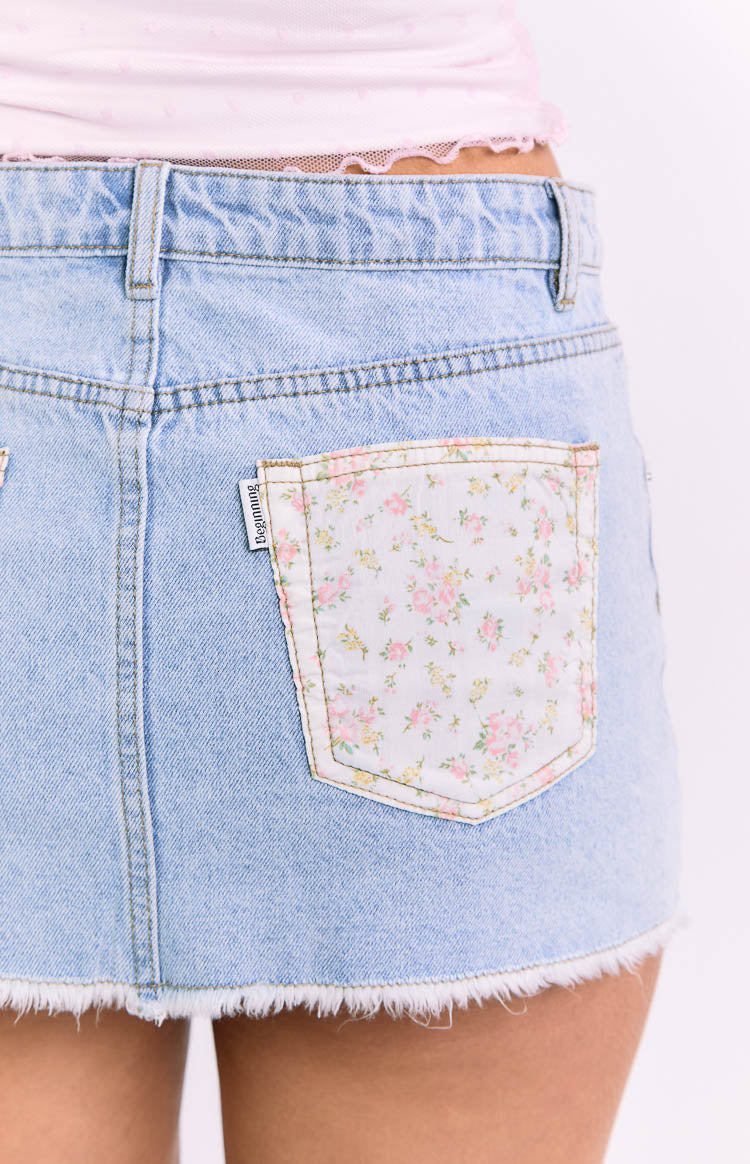 Found Love Floral Denim Skirt | Light Wash