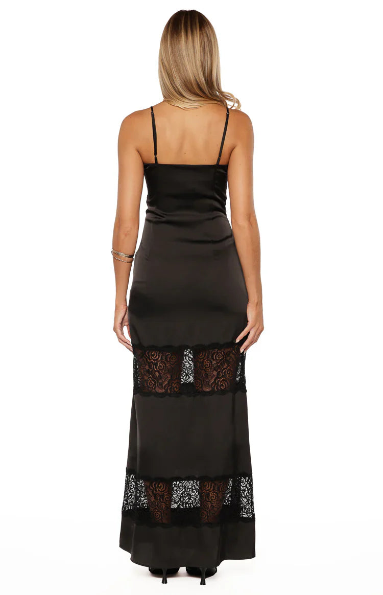 Freyja Lace Insert Satin Maxi Dress | Black