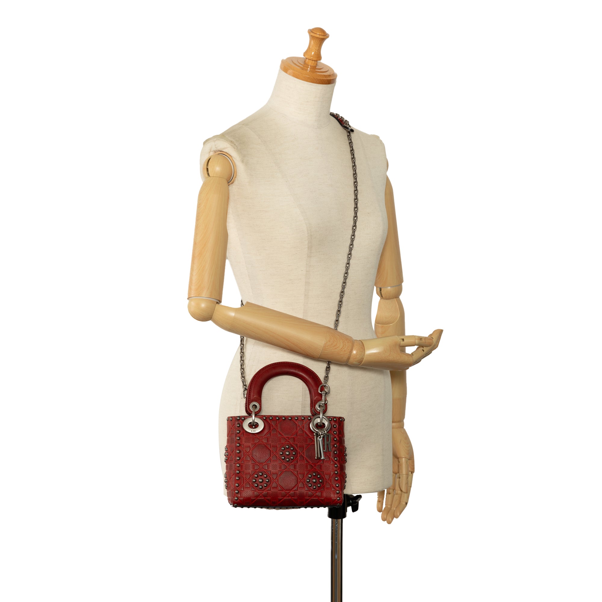 Dior | Pre-Owned Mini Embossed Calfskin Cannage Studded Flower Lady | Red