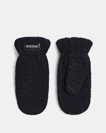 A pair of Rudsak SUSAN S - 8423511 black faux fur mittens with a soft texture is shown on a white background. One mitten displays the brand label on the cuff, while the other reveals the thumb and palm side.