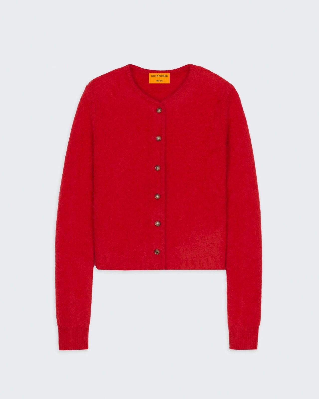 Grizzly Cardigan - True Red women's cashmere button-up sweater with ribbed hem and cuff in medium-weight knit.