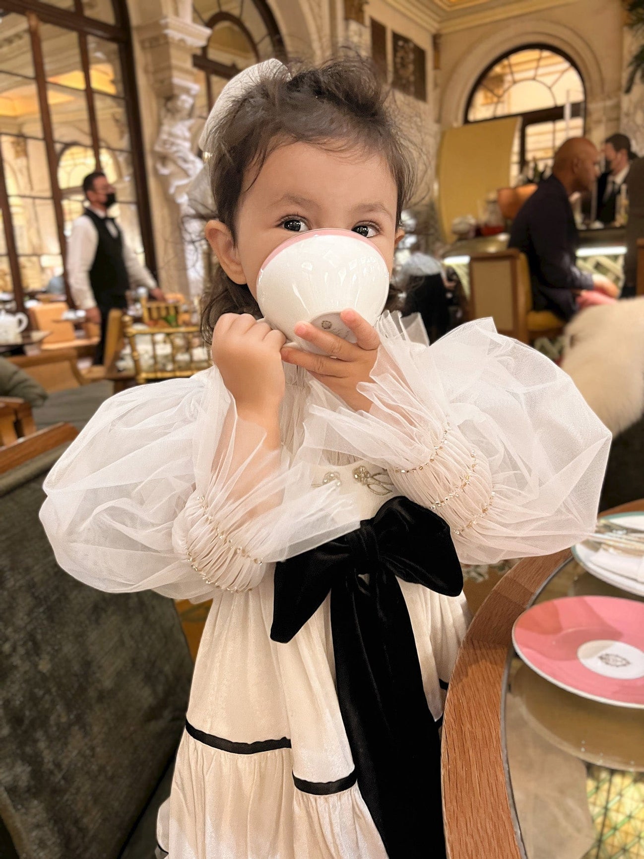 Girl | Aurora Ivory Velour Dress with Tulle Puff Sleeves