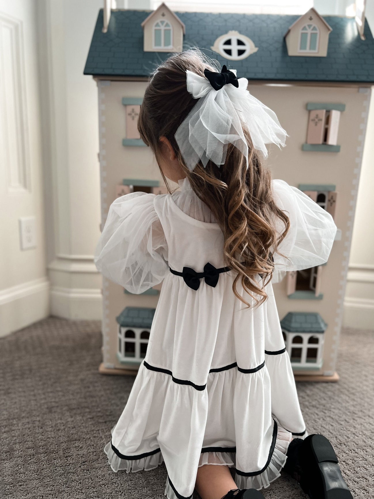 Girl | Aurora Ivory Velour Dress with Tulle Puff Sleeves