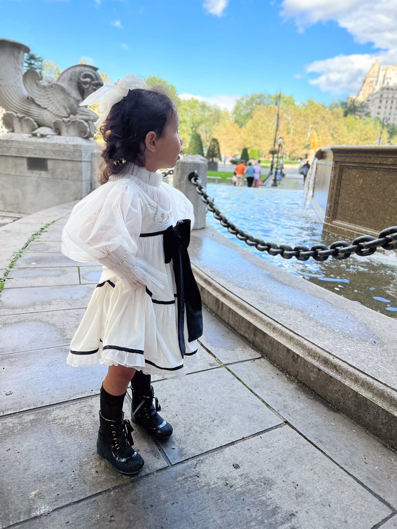 Girl | Aurora Ivory Velour Dress with Tulle Puff Sleeves