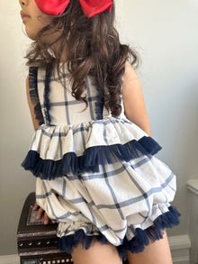 Girl | Checkered Linen Ruffle Romper | White x Navy