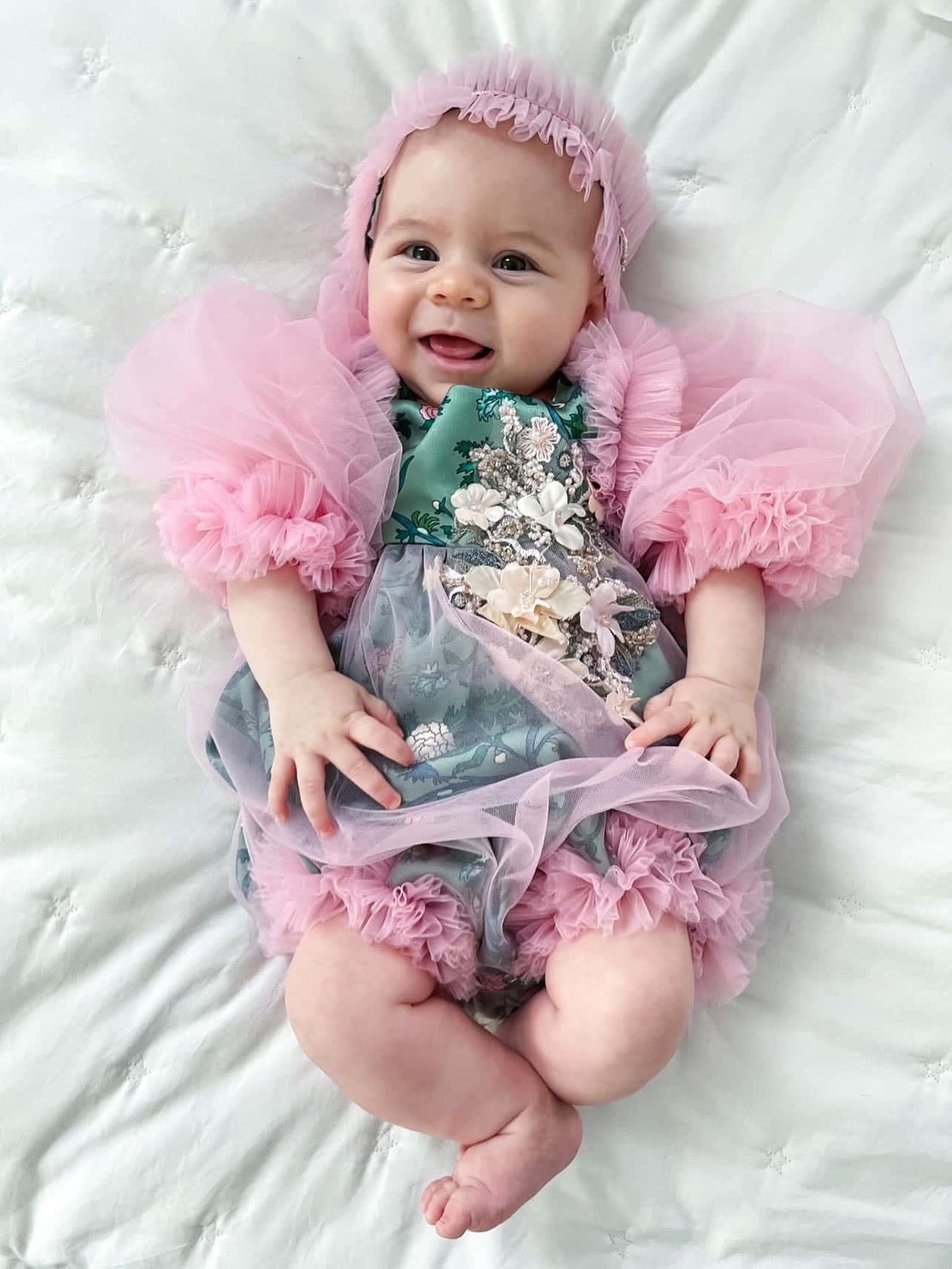 Girl | Eva and Floral Tulle Romper | Pink x Green