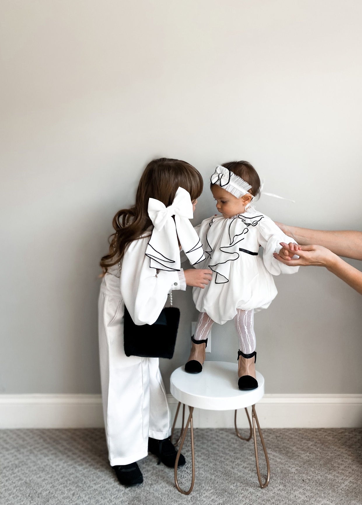 Girl | Gwen Romper with Ruffle Trim | White x Black