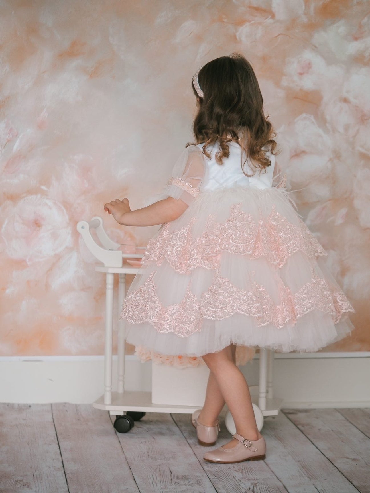 Girl | Laila Embroidered Feather Dress | White x Pink