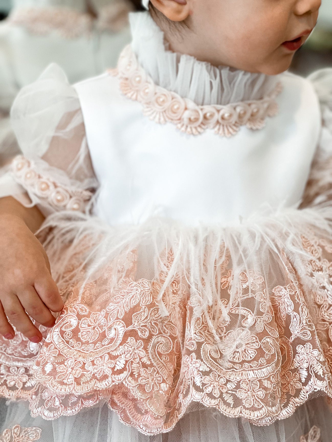 Girl | Laila Embroidered Feather Dress | White x Pink