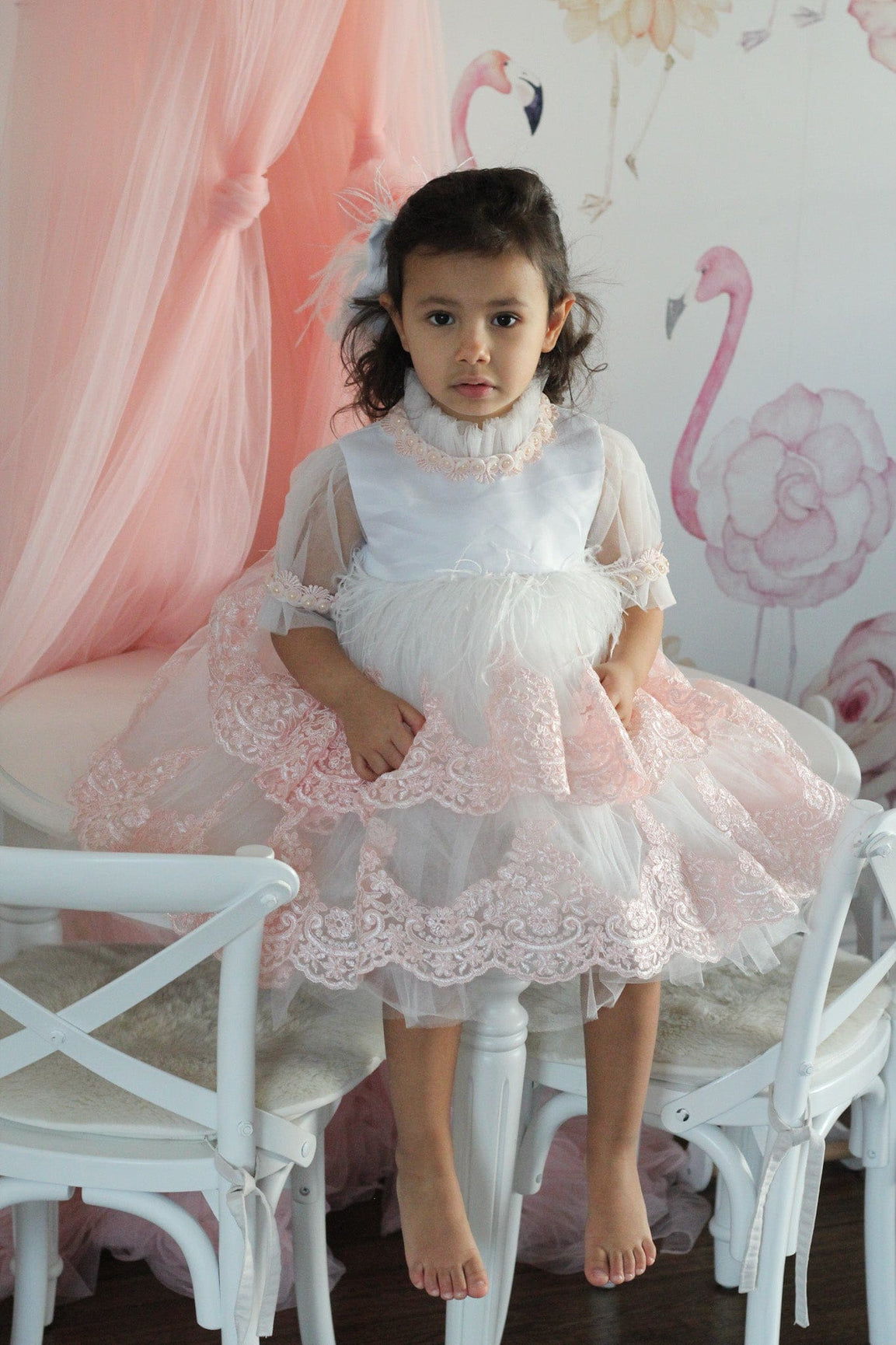 Girl | Laila Embroidered Feather Dress | White x Pink
