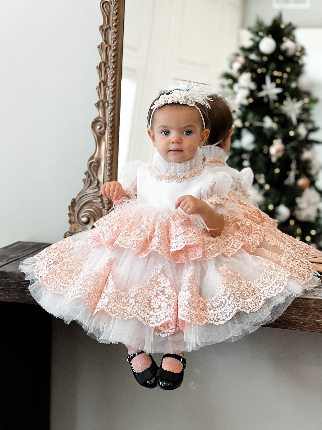 Girl | Laila Embroidered Feather Dress | White x Pink