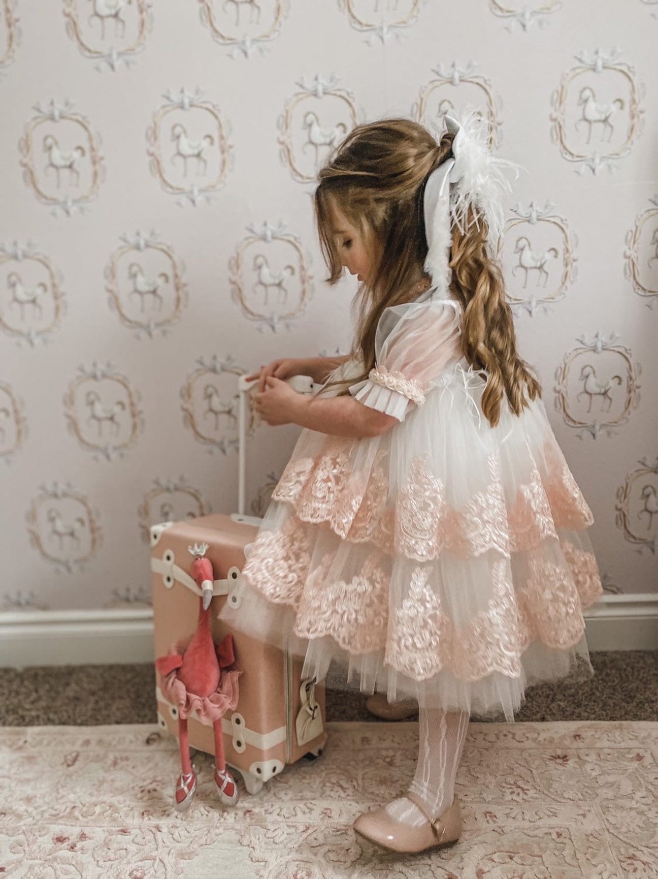 Girl | Laila Embroidered Feather Dress | White x Pink