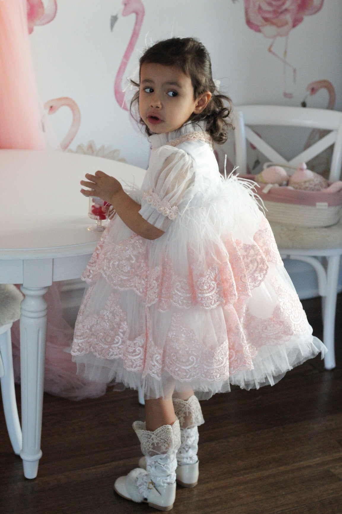 Girl | Laila Embroidered Feather Dress | White x Pink