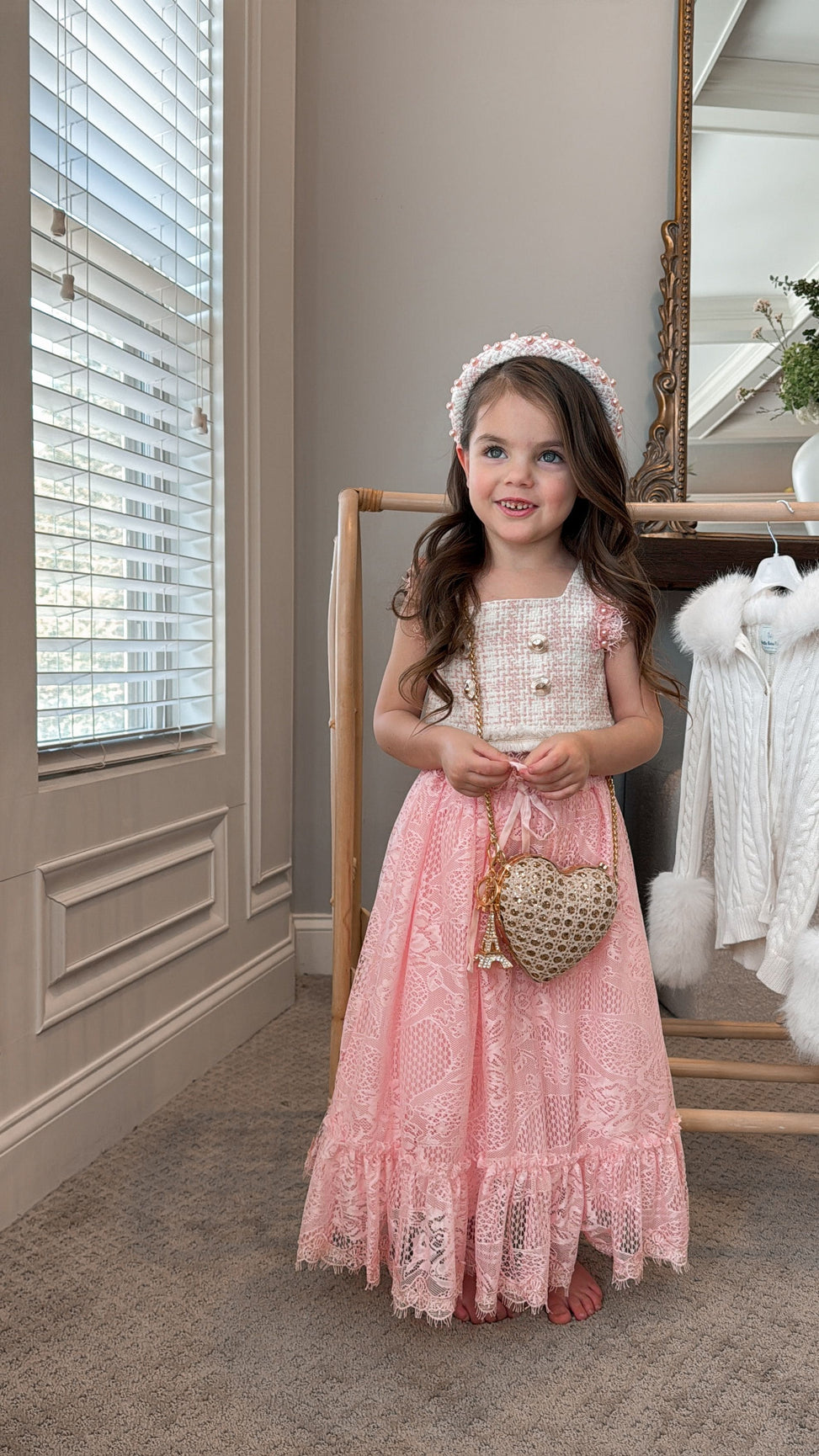 Girl | Molly Tweed Top and Lace Skirt Set | Pink
