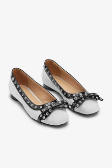 Glitter Eyelet Bow Ballerinas | Silver