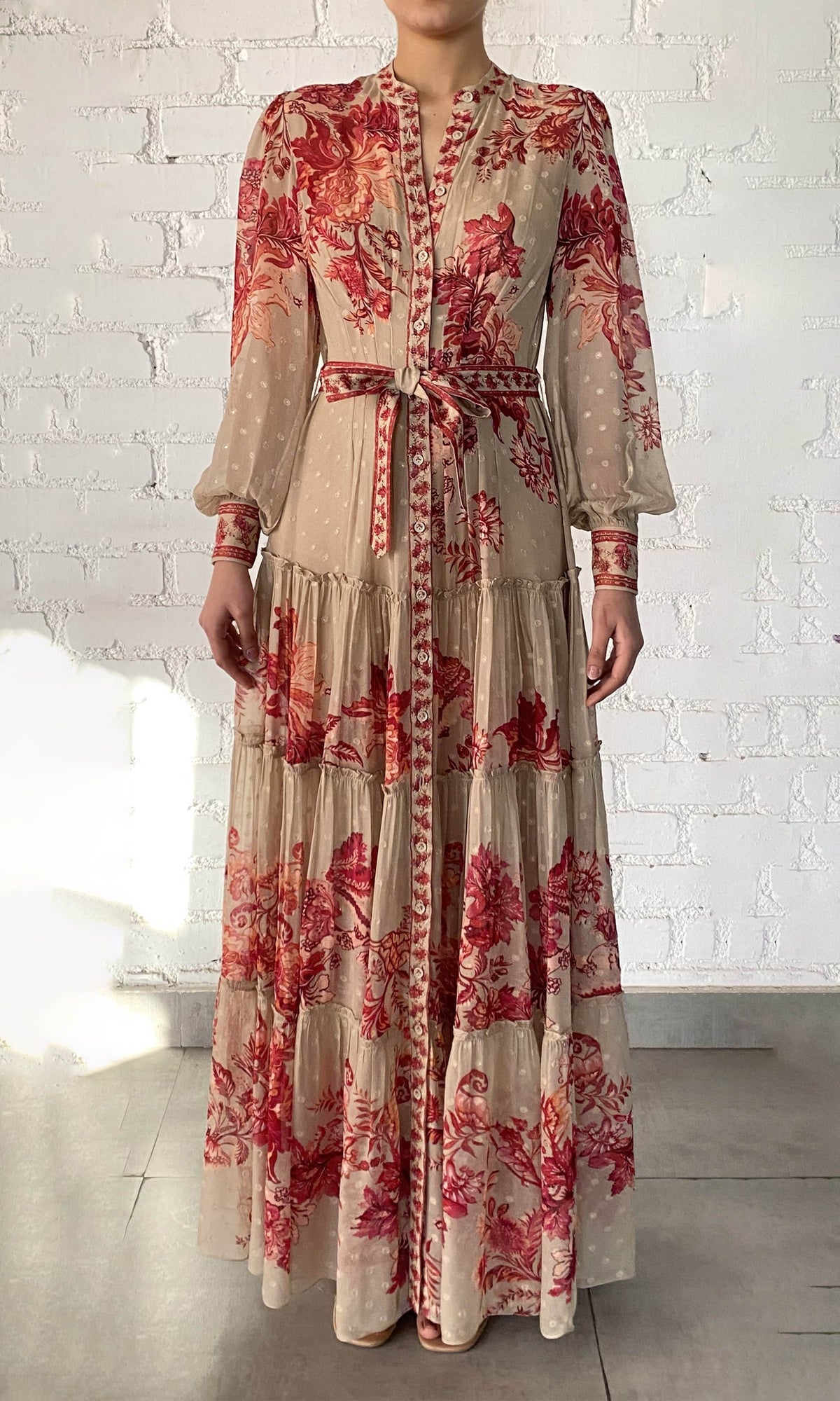 Hemant And Nandita | Aafa Viscose Georgette Stripe Lurex Long Shirt Dress With Tie Up Belt And Slip | FA24 | Red Beige