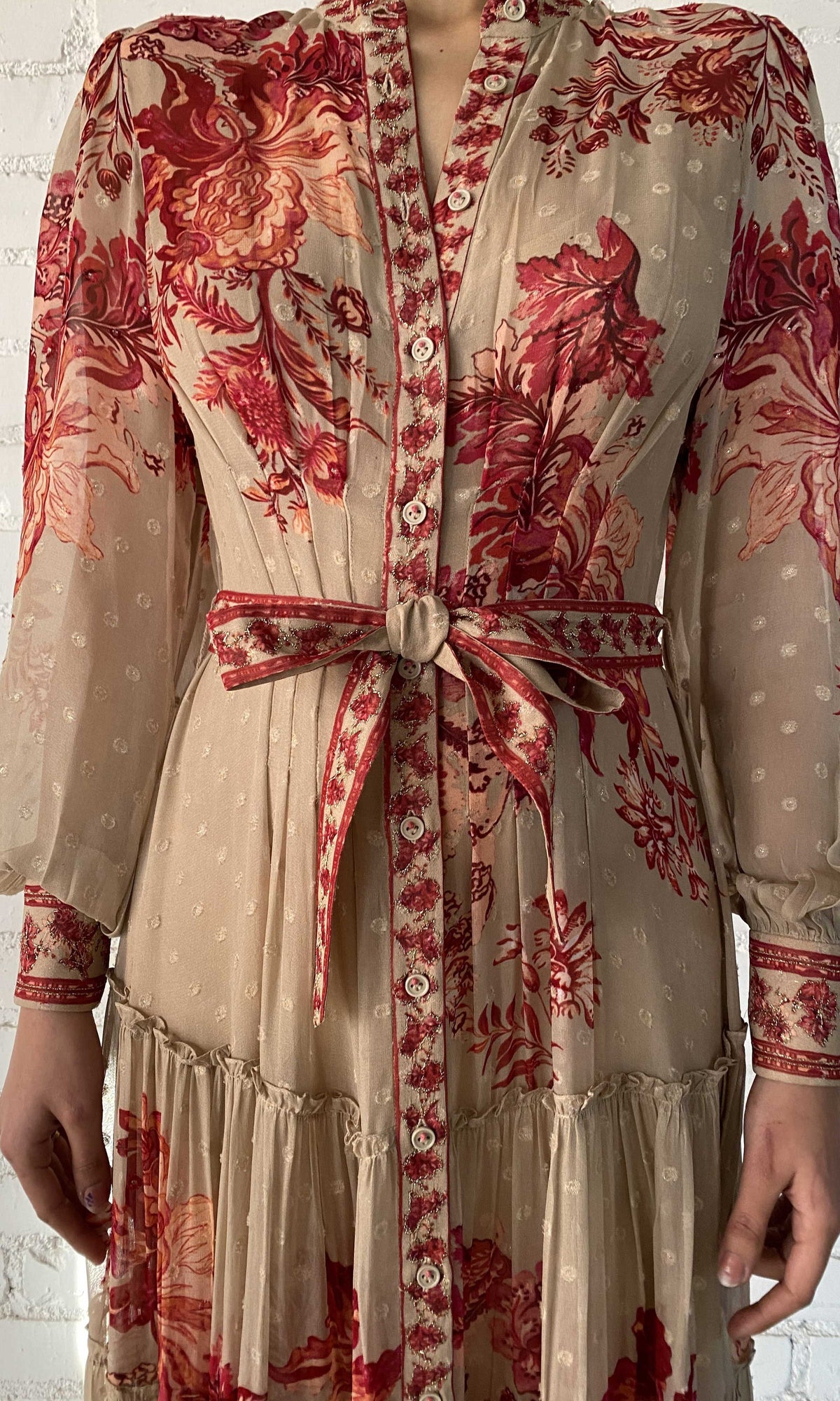 Hemant And Nandita | Aafa Viscose Georgette Stripe Lurex Long Shirt Dress With Tie Up Belt And Slip | FA24 | Red Beige