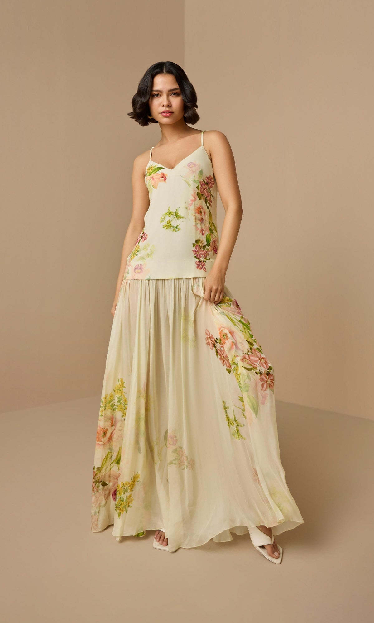 Hemant And Nandita | Aiva Viscose Crepe Heavy + Flat Chiffon Maxi Dress | Ivory Floral