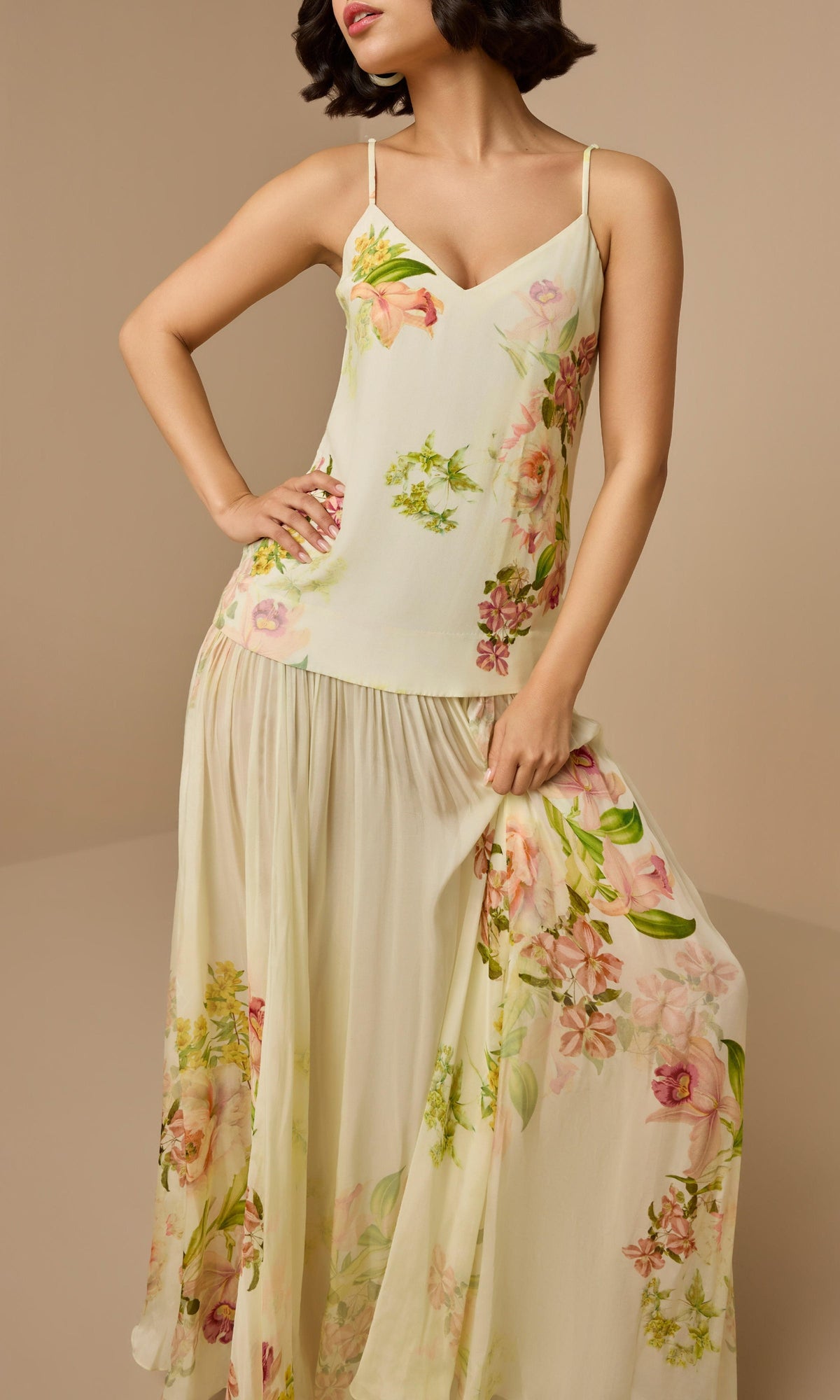 Hemant And Nandita | Aiva Viscose Crepe Heavy + Flat Chiffon Maxi Dress | Ivory Floral