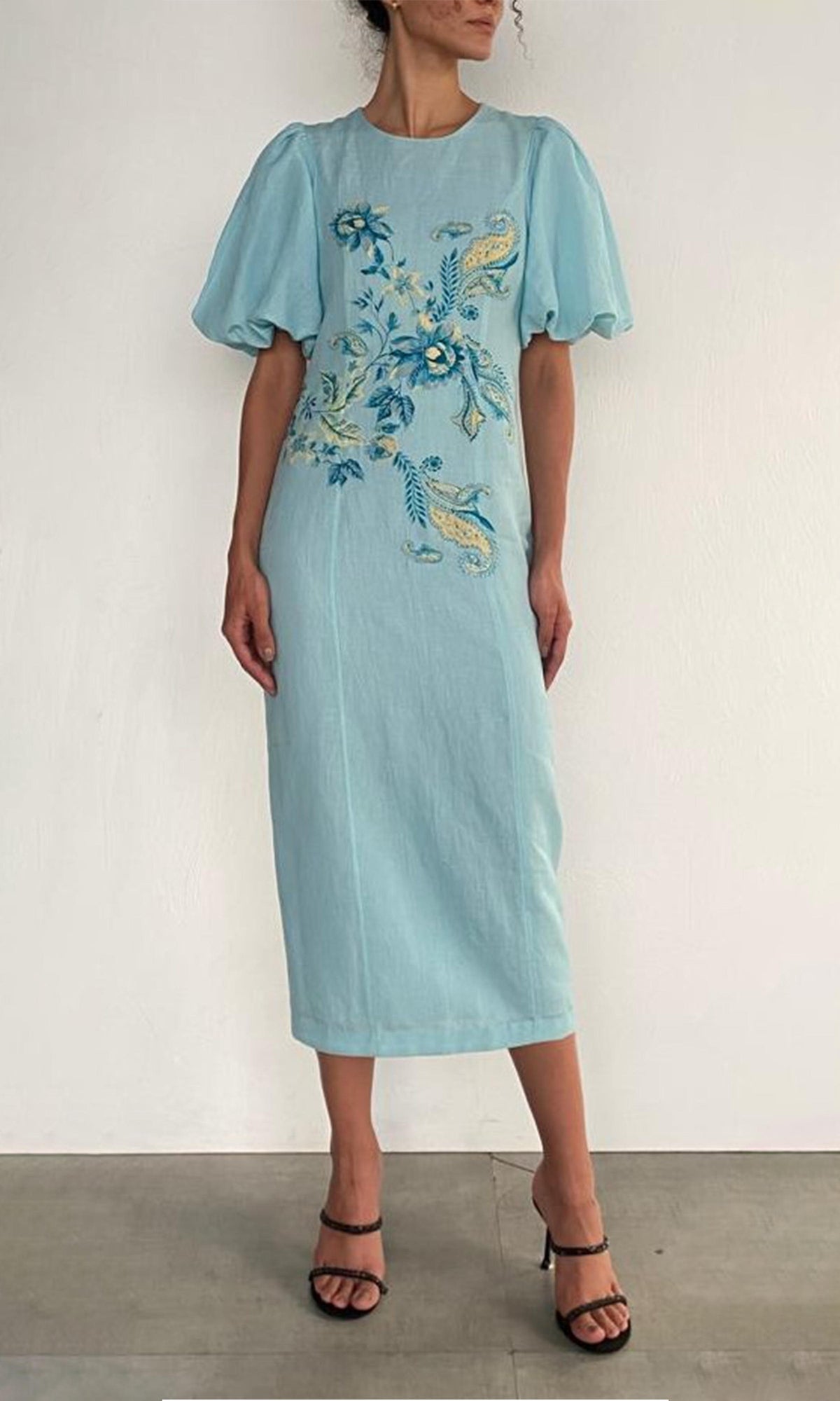Hemant And Nandita | Amari Linen Cotton Midi Dress | Turquoise Multi