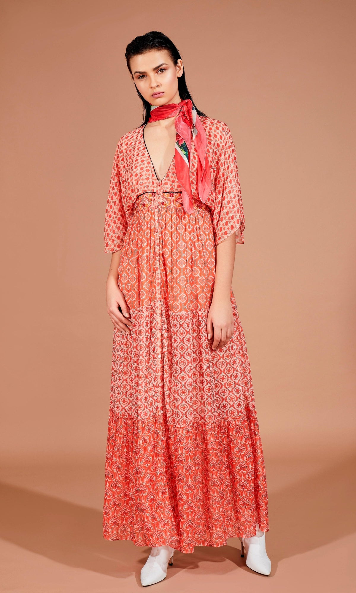 Womens | Anam Viscose Georgette Lurex Dobby Long Dress | Orange