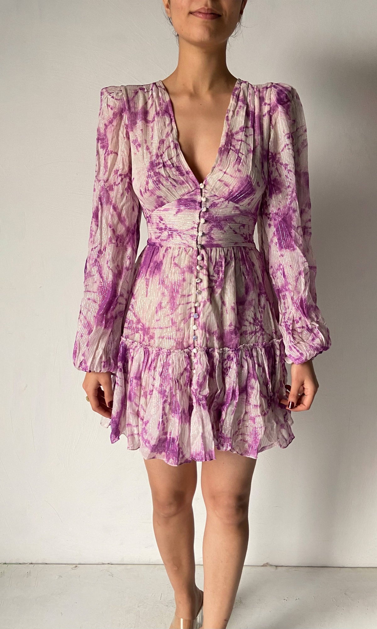 Hemant And Nandita | Anay Viscose Georgette Silver Gold Stripe Short Dress | White/Purple