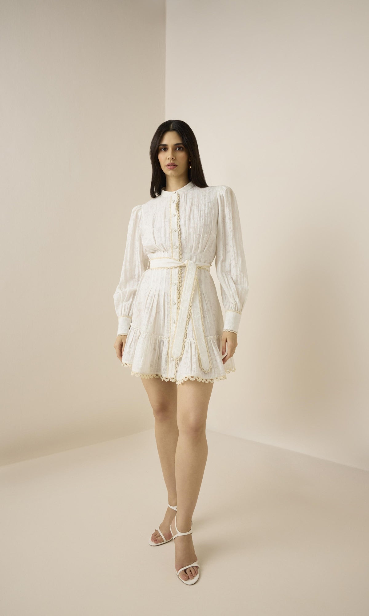 Hemant And Nandita | Anvi Viscose Nylon Jacquard Short Dress With Handcrafted Button And Tie Belt | White