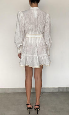 Hemant And Nandita | Anvi Viscose Nylon Jacquard Short Dress With Handcrafted Button And Tie Belt | White