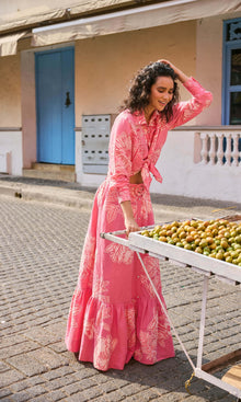 Womens | Asha Linen Cotton Long Skirt With Buckle Belt | Pink Floral