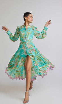 Hemant And Nandita | Azra Viscose Ggt Gold Silver Stripe Lurex Long Shirt Dress With Buckle Belt And Slip | Teal Floral