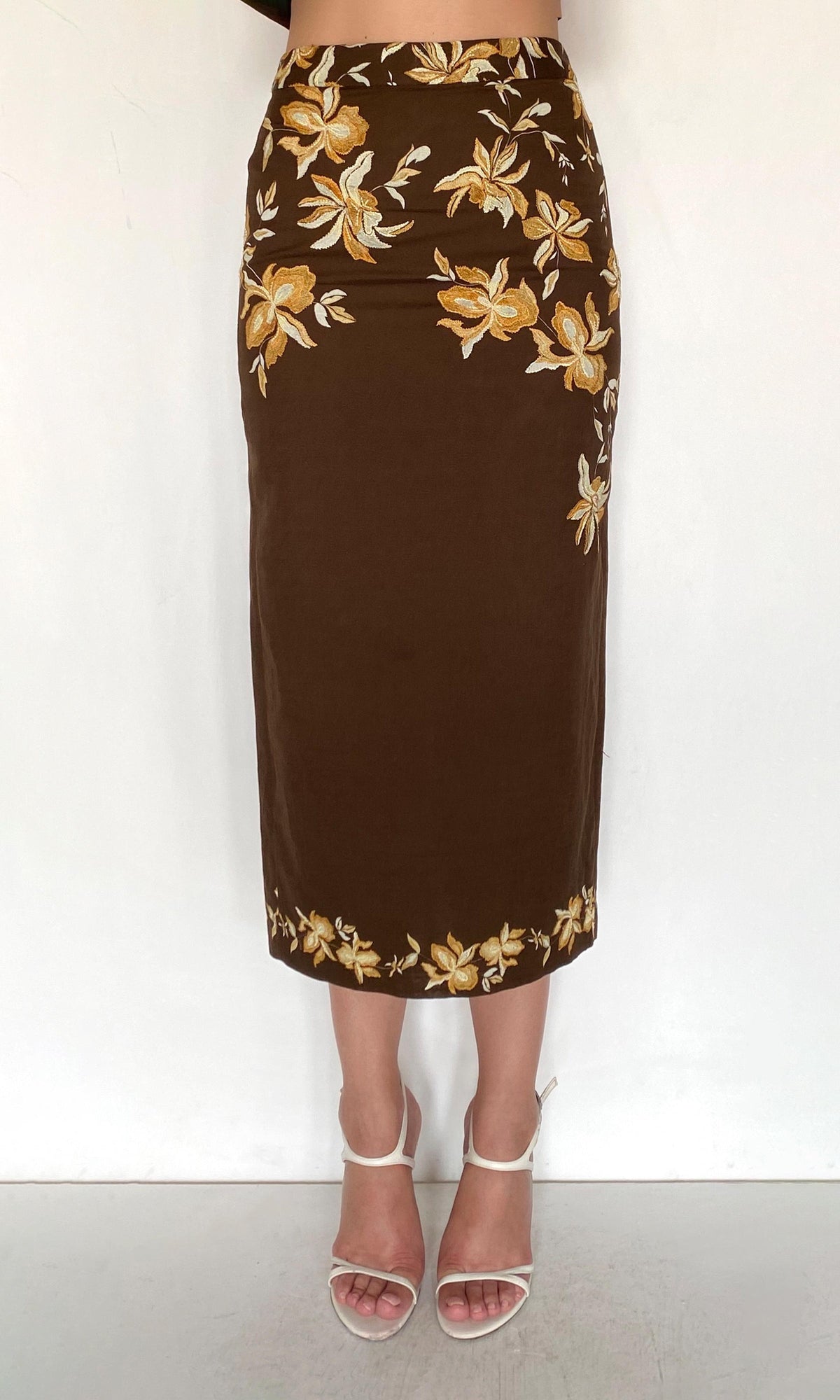 Hemant And Nandita | Bota Linen Cotton Fitted Midi Skirt | Brown