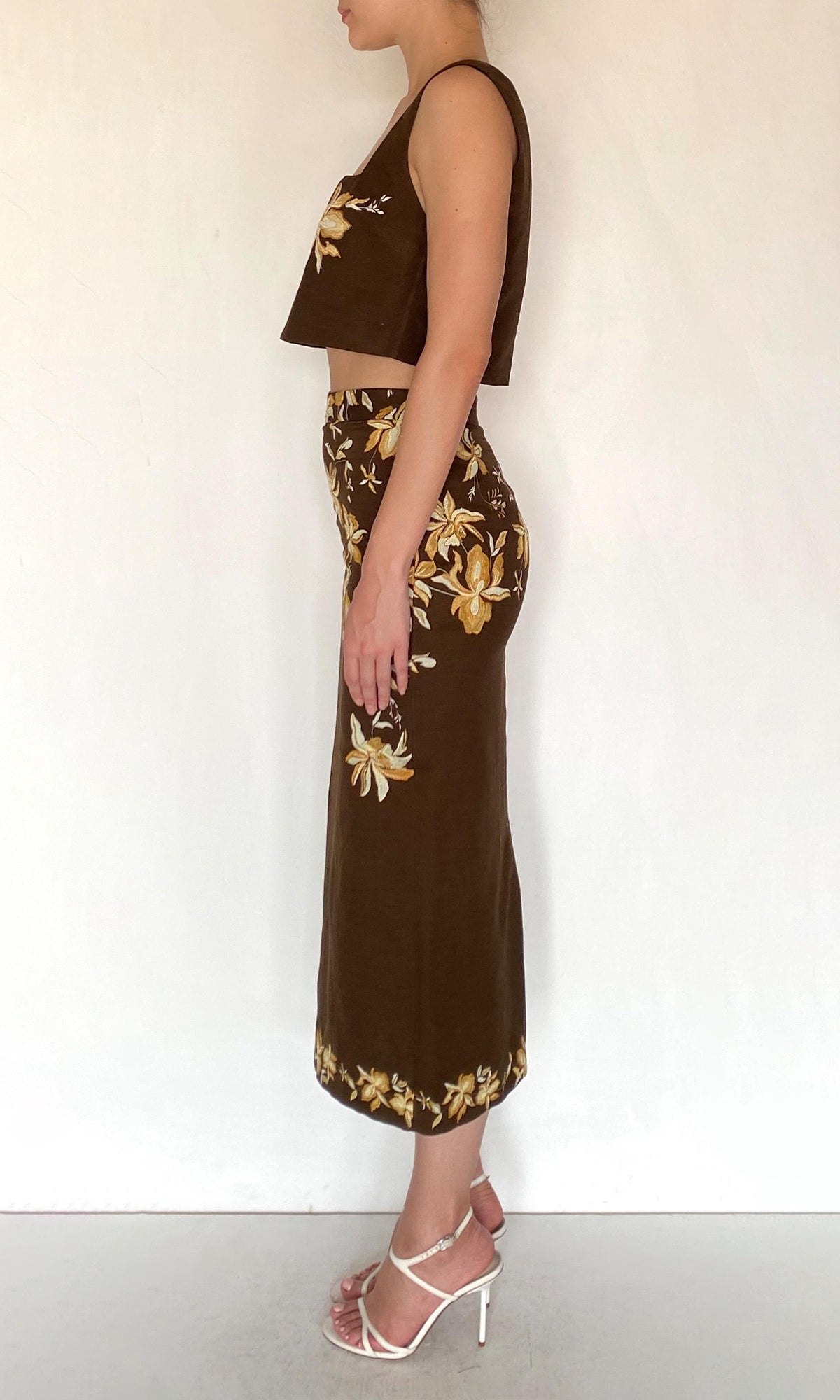 Hemant And Nandita | Bota Linen Cotton Fitted Midi Skirt | Brown