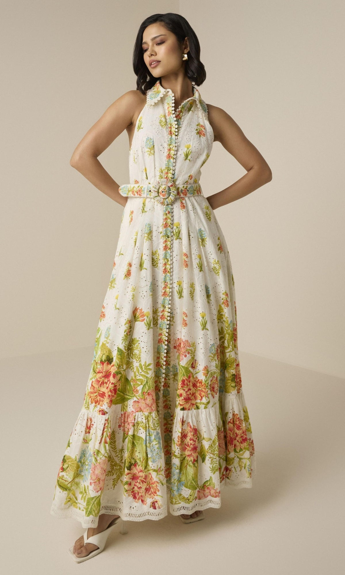 Hemant And Nandita | Dhun Cotton Schiffly Long Shirt Dress With Buckle Belt | Multi