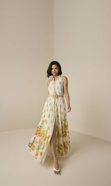 Hemant And Nandita | Dhun Cotton Schiffly Long Shirt Dress With Buckle Belt | Multi