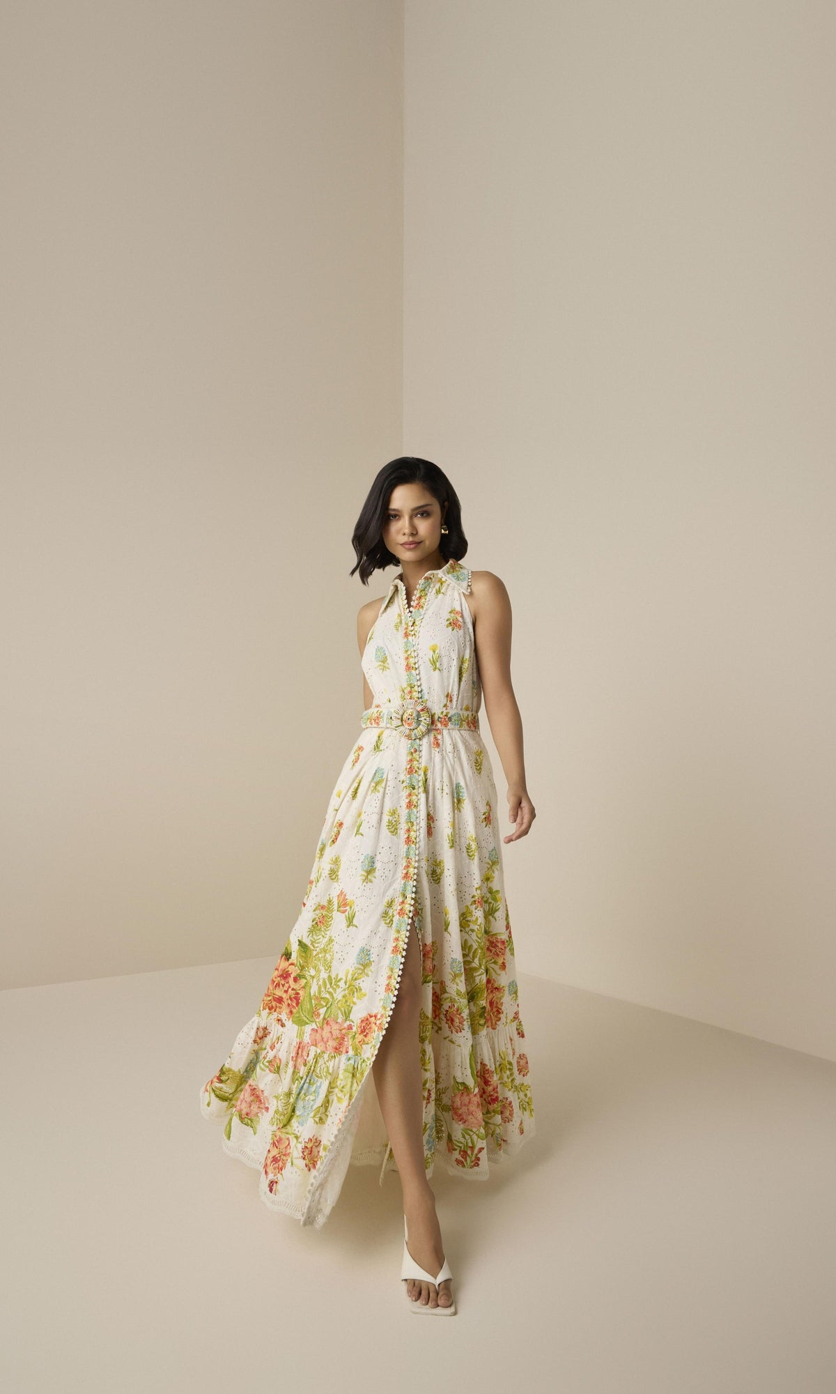 Hemant And Nandita | Dhun Cotton Schiffly Long Shirt Dress With Buckle Belt | Multi