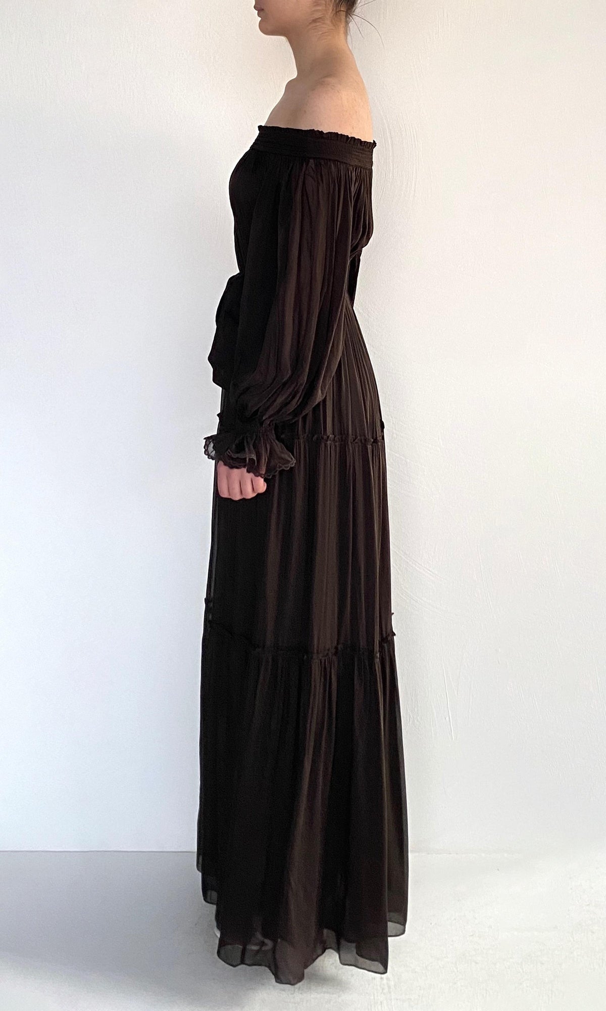 Womens | Dira Viscose Flat Chiffon Maxi Dress | Dark Brown