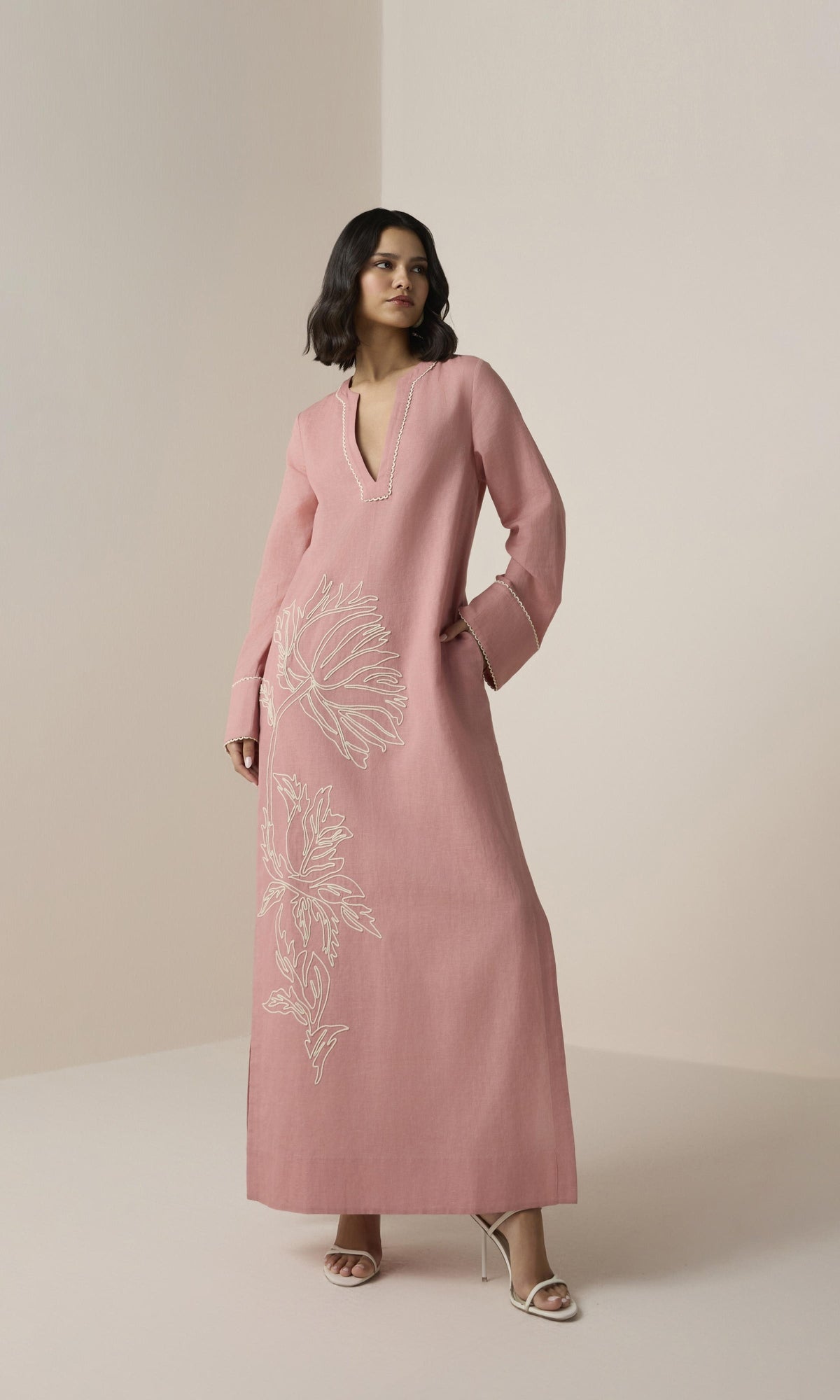 Womens | Gul Linen Cotton Long Kaftan | Dusty Pink