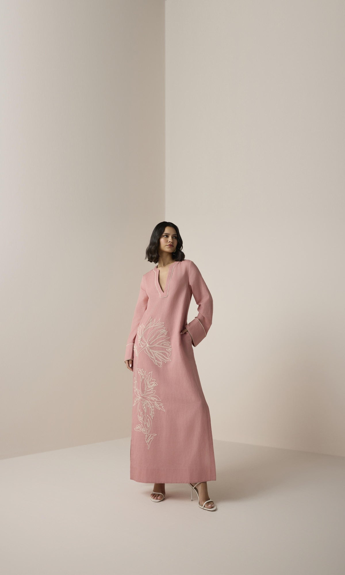 Womens | Gul Linen Cotton Long Kaftan | Dusty Pink