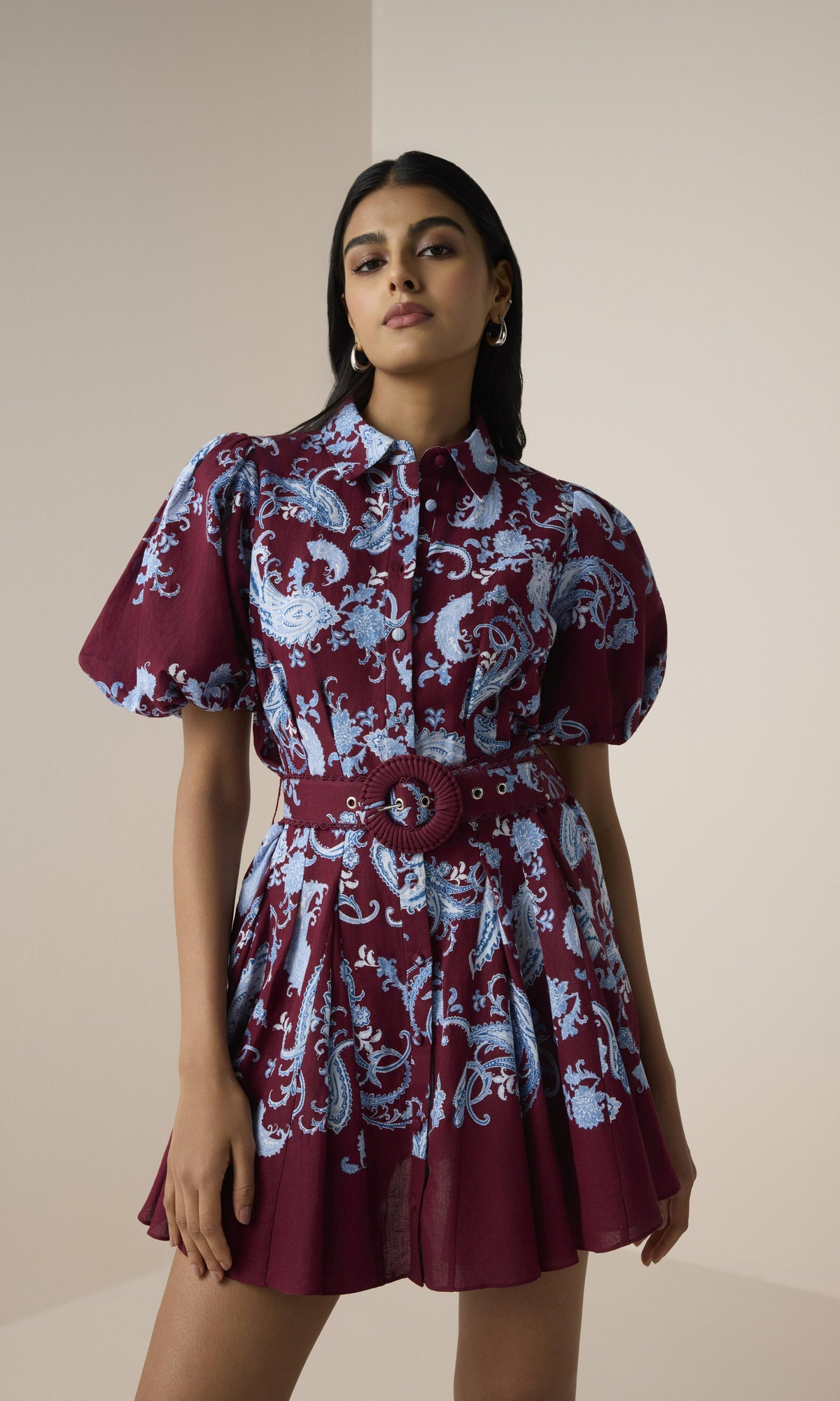 Hemant And Nandita | Hiba Linen Cotton Collared Mini Shirt Dress | Merlot