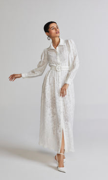 Hemant And Nandita | Ilara Viscose Nylon Jacquard Long Shirt Dress With Buckle Belt And Slip | White