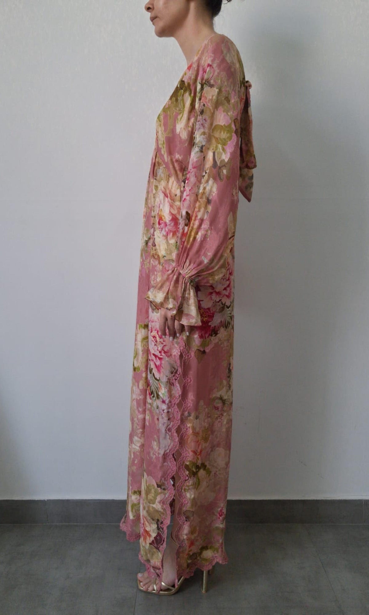 Womens | Inv Viscose Flower Jacquard Maxi Kaftan | Pink Floral