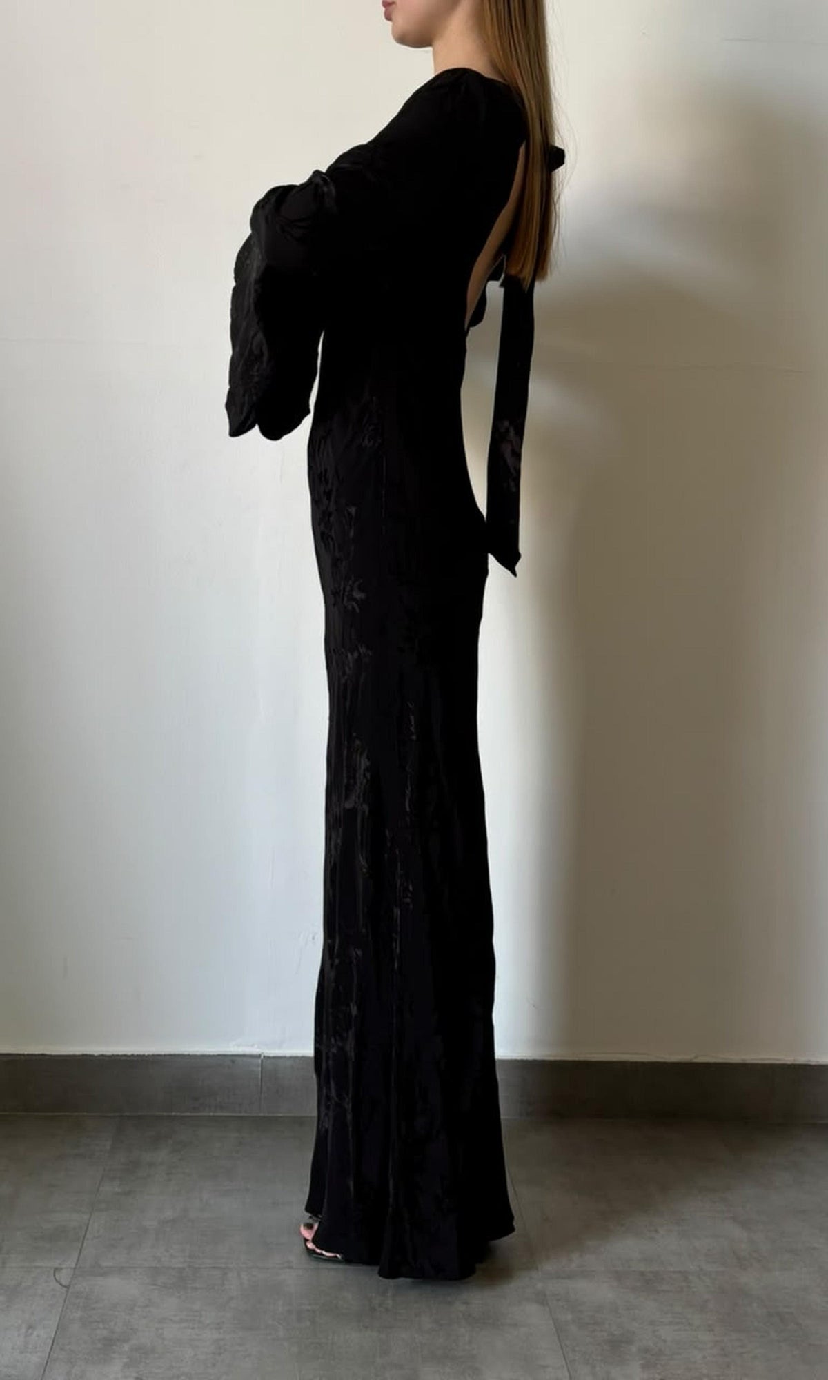 Hemant And Nandita | Inv Viscose Flower Jacquard Boat Neck Maxi Dress | Black