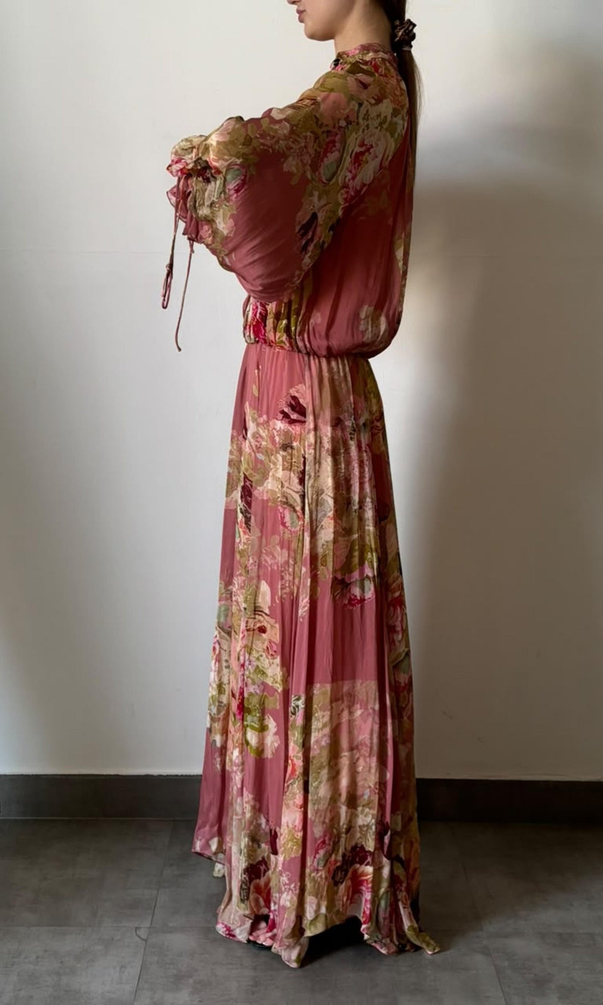 Hemant And Nandita | Inv Viscose Chiffone Flat Long Sleeves Pleated Maxi Dress | Dusty Pink