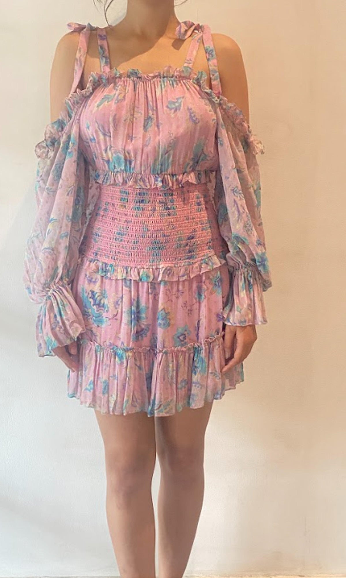 Womens | Inv Viscose Cold-Shoulder Neck Short Dress | Pink Multi
